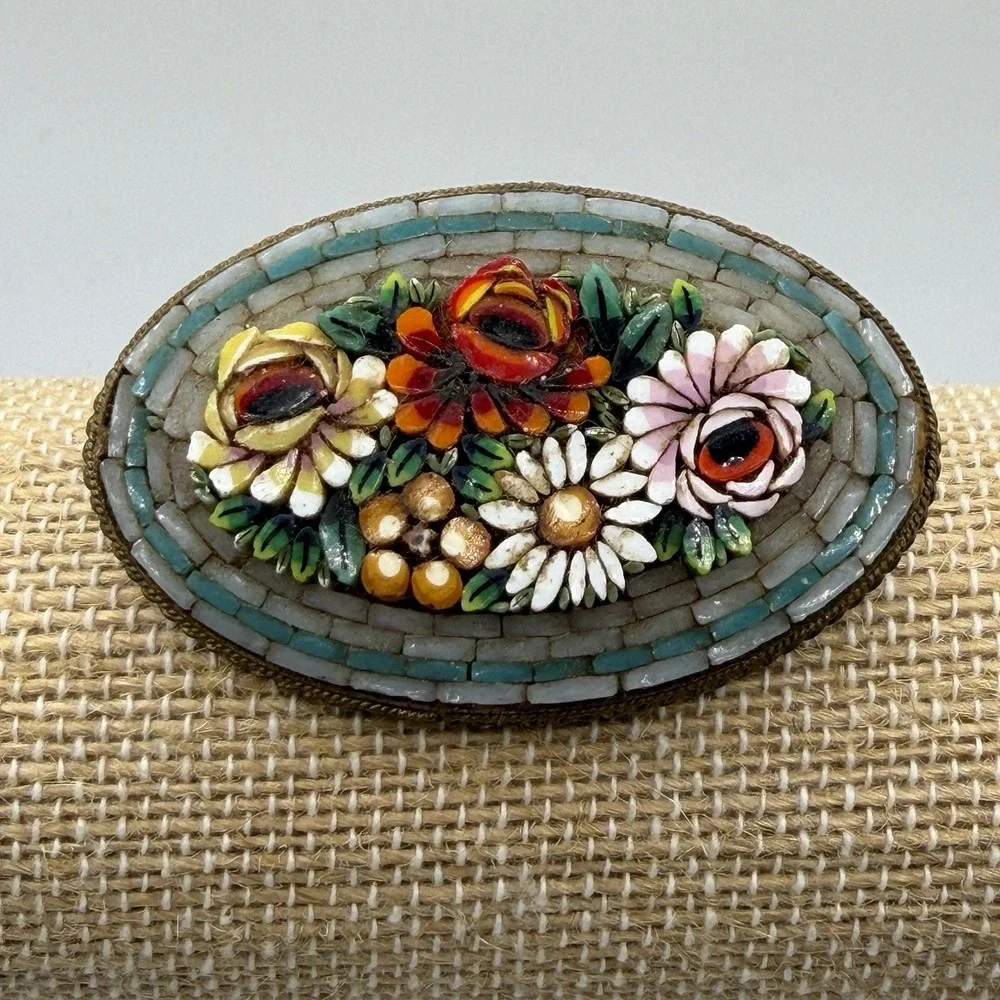 Antique Victorian Brooch Pin Micro Mosaic Inlay Glass Tile Flower Garden Italy
